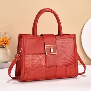 Deep red crocodile texture leather tote bag with elegant gold metal rotating lock