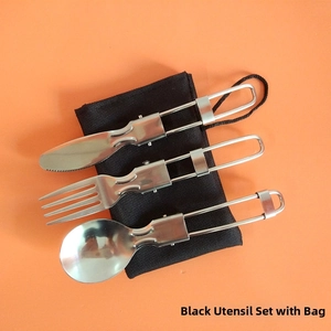 Compact foldable stainless steel cutlery set with knife fork and spoon in a black pouch