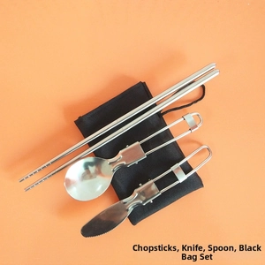 Foldable stainless steel cutlery set with spoons, knife, and chopsticks in a black pouch