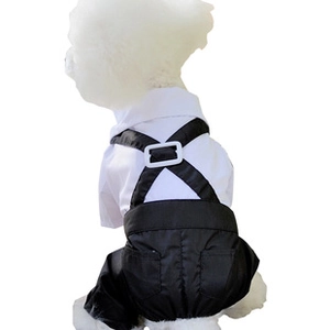 Detailed side view of pet formal tuxedo featuring a white shirt and black suspender pants