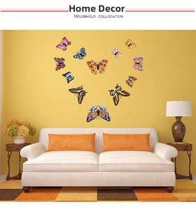 Vibrant 3D double-layer butterfly wall stickers set displayed in a cozy living room scene
