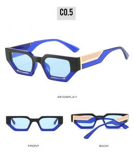 Three-view display of geometric hexagonal sunglasses with blue-black frame and gold accents