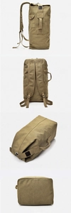 Detailed multi-angle views of a canvas travel backpack showing khaki vintage textures