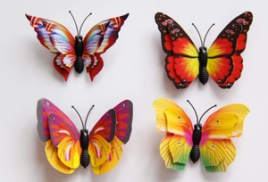 Detailed view of 3D double-layered metallic butterfly wall stickers in vibrant colors