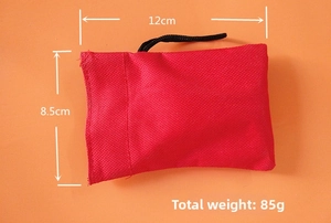 Red drawstring storage pouch for folding cutlery, dimensions 12x8.5cm, total weight 85g