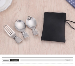Flat lay of folding stainless steel spoon and fork set with black storage pouch