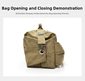 Detail view of the metal buckle mechanism on a military green canvas travel backpack