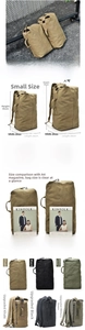Size comparison detail showing small and large canvas travel backpacks with measurements
