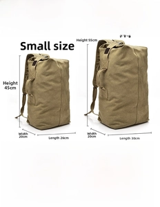 Detailed size comparison chart for large and small canvas travel backpacks with dimensions