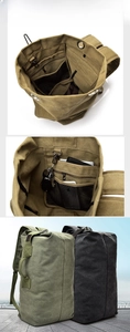 Detail view of large canvas backpack interior with zip pockets and mesh compartments