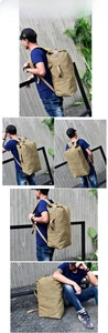 Detailed multi-angle views of large khaki canvas travel backpack for men in outdoor settings