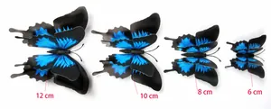Size chart showing 12cm to 6cm double-layer blue and black butterfly wall stickers