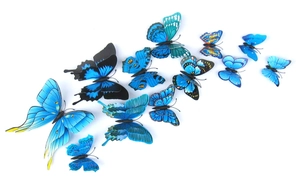 Detailed view of 12 blue double-layer 3D butterfly wall stickers in various sizes
