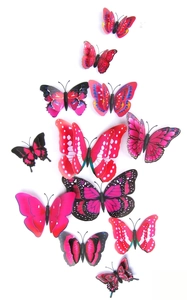 Detailed view of 11 pieces of 3D double-layer pink butterfly wall stickers on white background