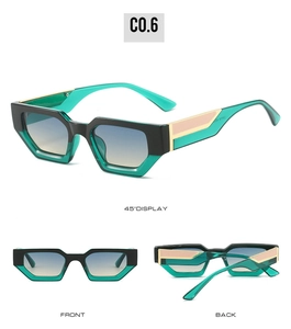 Three-angle views of geometric sunglasses with black and green frame and gradient lenses