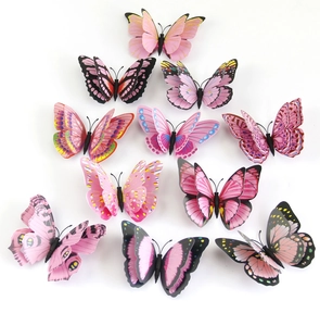 Detailed view of 3D double-layer butterfly wall stickers in pink and purple tones