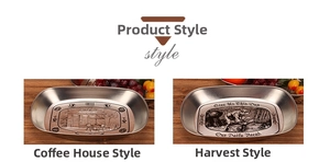 Macro detail of oval tinplate fruit tray with vintage harvest and coffee shop prints