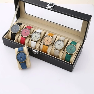 Black PU leather watch box with glass window and 6 slots featuring colorful watches
