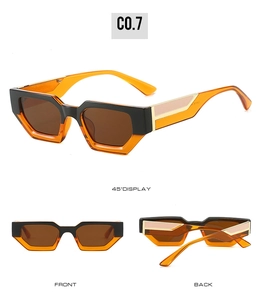 Three-view display of black and orange geometric sunglasses with metal accents