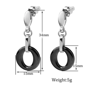 Minimalist black ceramic and silver stainless steel drop earrings with 15mm round hoops