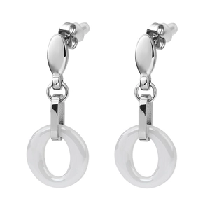 Minimalist stainless steel dangle earrings with white circular ceramic ring on white background