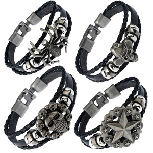 Woven Leather Bracelet With Alloy Skull Spider Star Charms Vintage Punk Rock Style For Men Jewelry