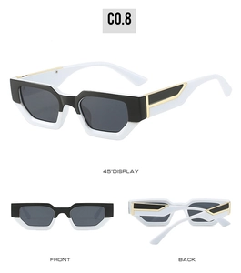 Three-view layout of geometric small frame sunglasses showing front, back, and 45 degree angle