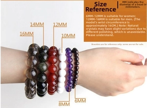 Size guide showing crystal bead diameters from 6mm to 16mm on a model's wrist