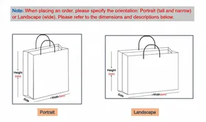 Detailed size diagram for vertical and horizontal festive gift bags with dimensions