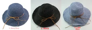 Detailed comparison of wide brim raffia hats in navy blue, black, and lake blue colors