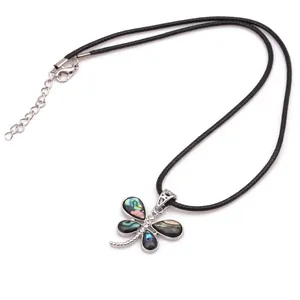 Handcrafted dragonfly necklace with colorful abalone shell wings and crystal accents