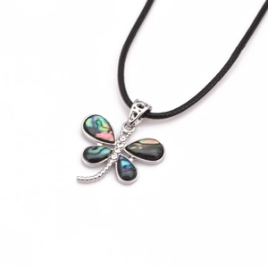 Silver dragonfly necklace with colorful abalone shell inlay on a black leather cord