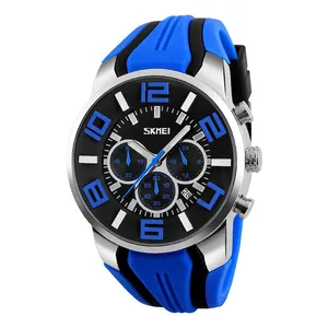 Men's outdoor sports watch with blue silicone strap and silver stainless steel case