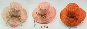 Detailed comparison of light pink, pink, and orange woven straw hats with bow ribbon ties