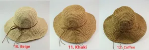 Detail view of wide brim straw hats in rice yellow, khaki, and coffee with bow detail