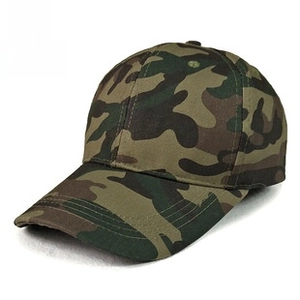 Detail of classic jungle camouflage baseball cap featuring reinforced stitching on visor