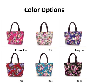 Six colors of floral canvas tote bags with rose prints and brown handles in a grid view
