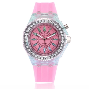 Fashionable pink LED silicone sports watch for women with rhinestone-studded bezel