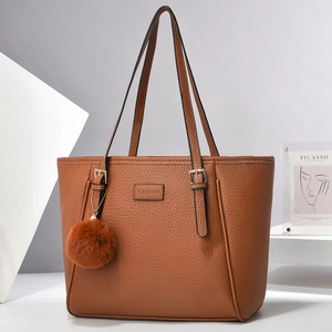Handtaschen Damen Große Kapazität PU Leder Litschi Muster Tote Für Tägliches Pendeln Mode Umhängetasche Mit Plüschball