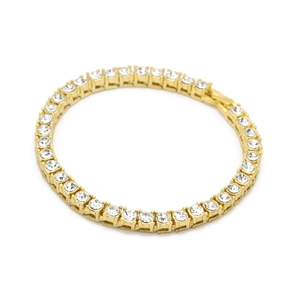 Detailed view of 5mm gold tennis bracelet featuring round-cut sparkling rhinestones