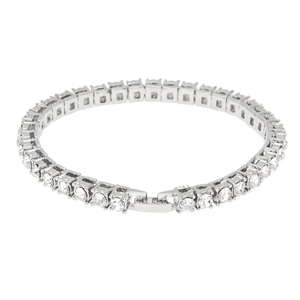 Close-up of silver-tone 5mm tennis bracelet with square-cut sparkling rhinestones
