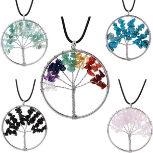 Tree Of Life Pendant Necklace Wire Wrapped Natural Crushed Stone Healing Crystal Reiki Chakra Bohemian Jewelry For Women