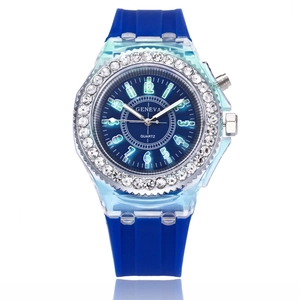 Fashionable blue silicone LED sports watch with rhinestone bezel and luminous dial markers