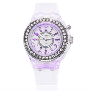 Fashionable LED glowing watch for women with rhinestone bezel and purple luminous light