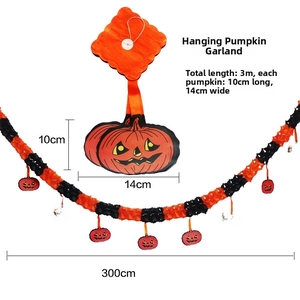 Detail of 3M Halloween orange pumpkin paper garland showing hanging chain and dimensions