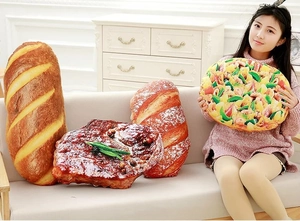 Creative realistic 3D food pillows featuring baguette, steak and pizza designs for home decor