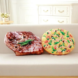 Realistic 3D steak and pizza plush pillows on sofa for creative home decoration