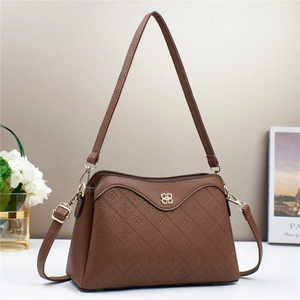Brown lychee leather crossbody bag with rhombic pattern and gold metal logo detail
