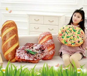 Detailed plush pillows in 3D baguette, steak, and pizza designs for home decoration