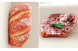 Detailed comparison of 3D food plushies including baguette and steak with realistic textures